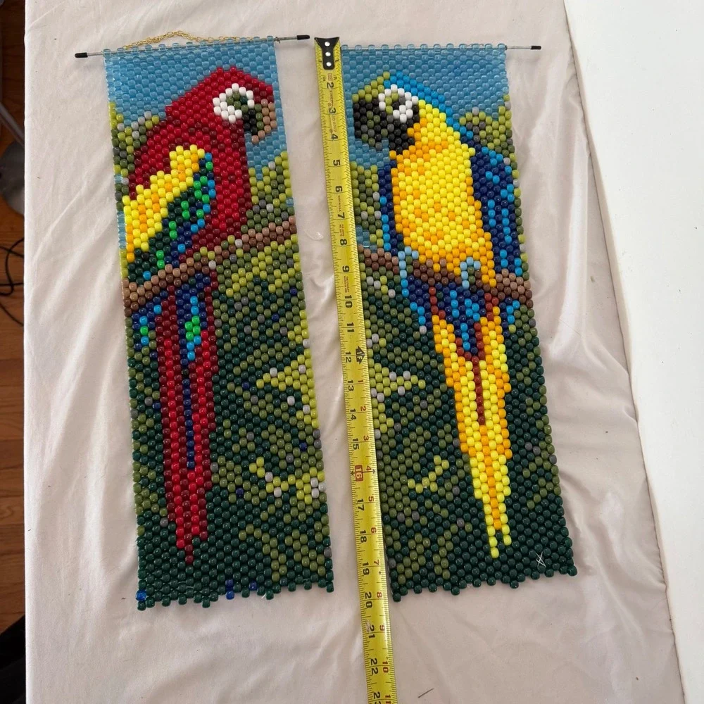 Vintage Handcrafted Pony Beaded Parrot Wall Hanging Set Tropical Macaw Decor 2pc
